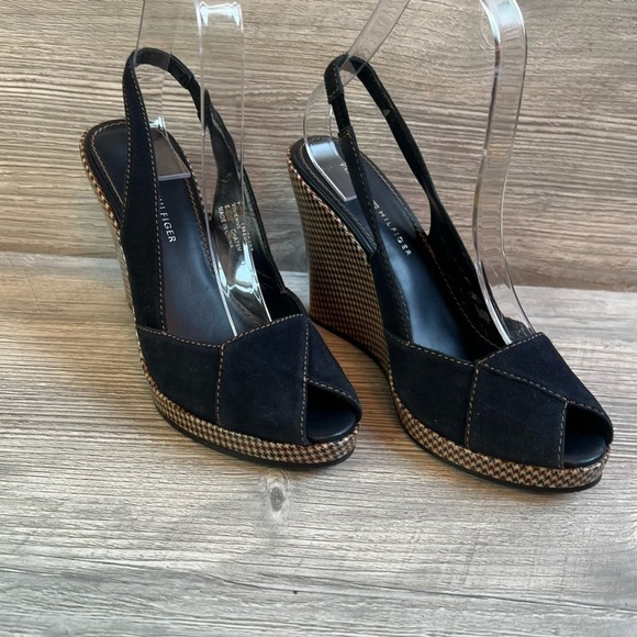 Tommy Hilfiger Vivienne wedge navy suede gingham sling peep toe sandals size 7 - Picture 3 of 14
